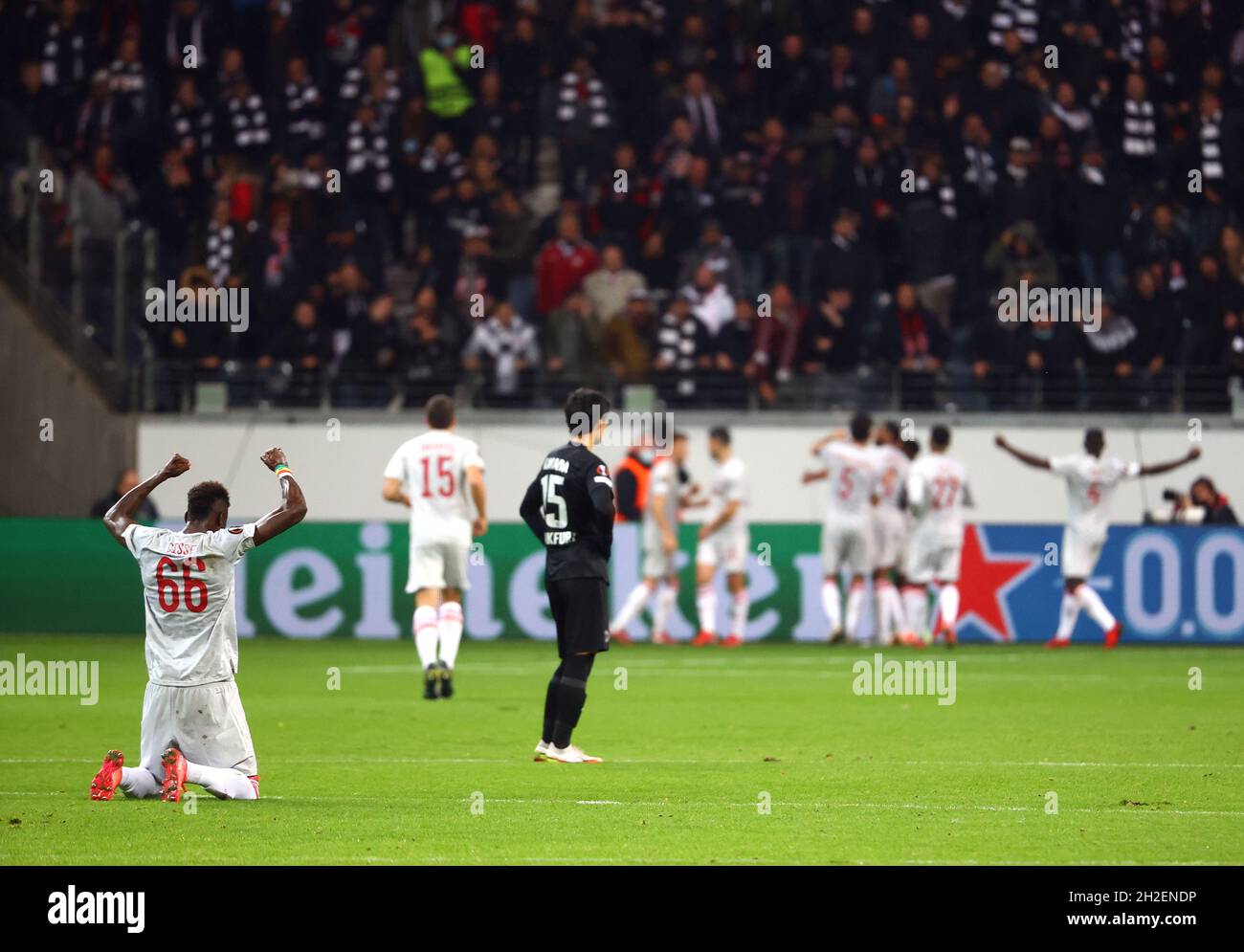 Soccer Football - Europa League - Group D - Eintracht Frankfurt v  Olympiacos - Deutsche Bank Park, Frankfurt, Germany - October 21, 2021  Olympiacos' Pape Abou Cisse celebrates their first goal scored