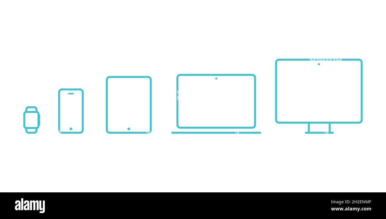 Device Icons: smartwatch, smartphone, tablet, laptop and desktop computer. Turquoise outline. Vector illustration, flat design Stock Vector