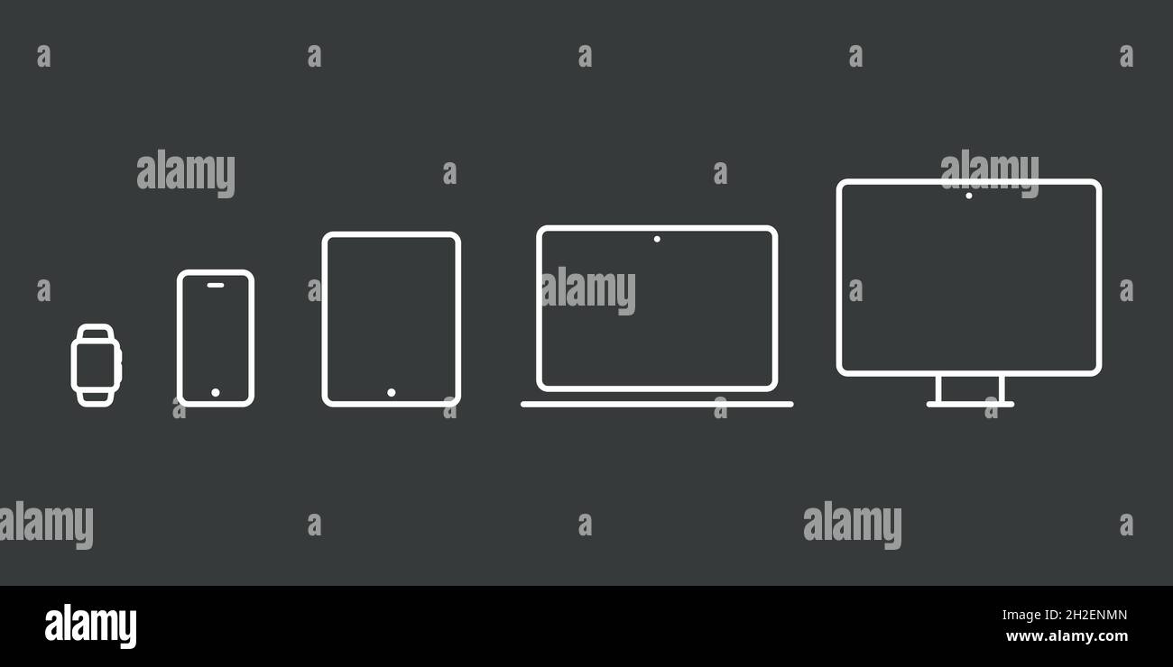 Device Icons: smartwatch, smartphone, tablet, laptop and desktop computer. Black background. Vector illustration, flat design Stock Vector