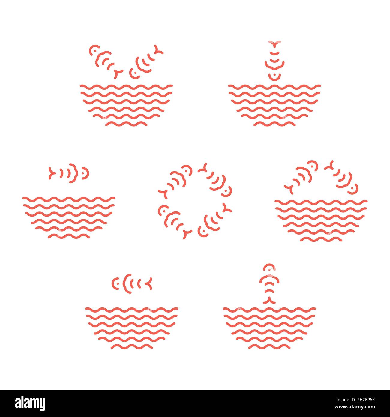 Poke bowl logos set in linear style. Fish jumping from water waves. Fish ramen noodles soup bowl symbols Stock Vector