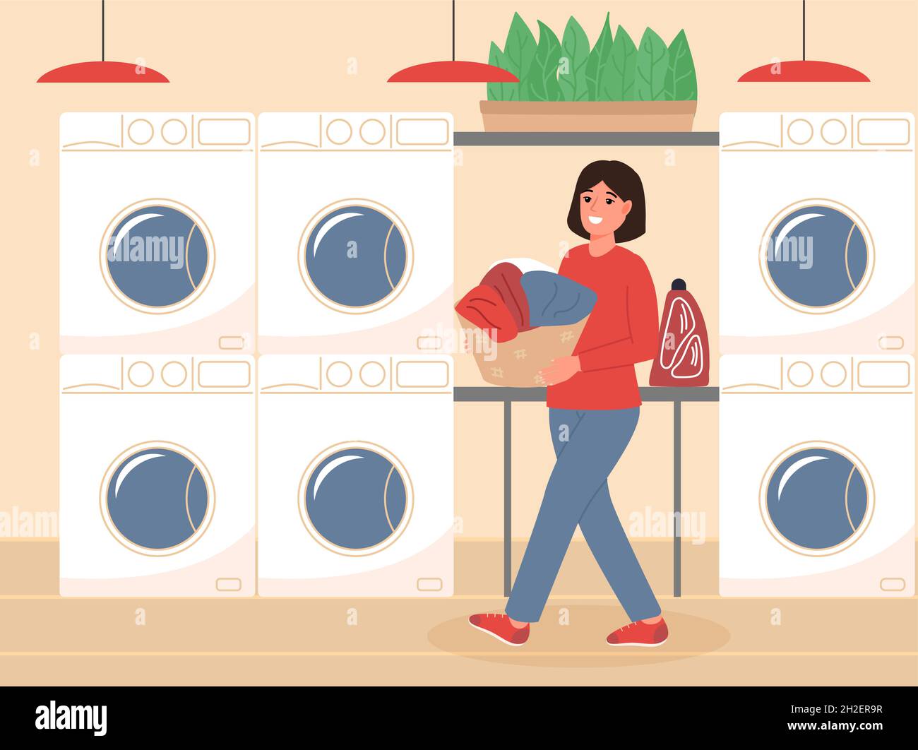 Happy woman holding basket with washed clothes at public laundry service. Self-service laundry with washing machines. Colored flat vector illustration Stock Vector