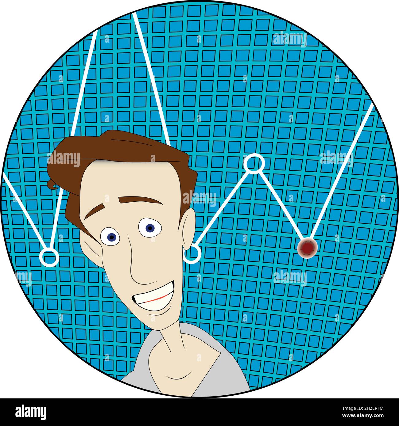 Worried man with a graph showing a red spot in the background round sticker label Stock Vector