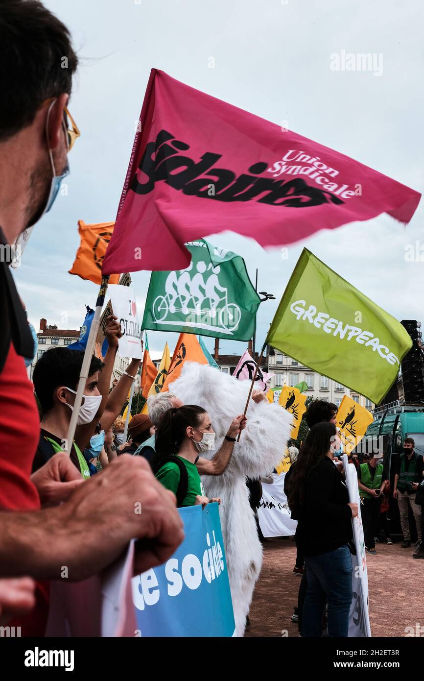 Union syndicale Solidaires Flag at climate walkout in Lyon France Stock Photo