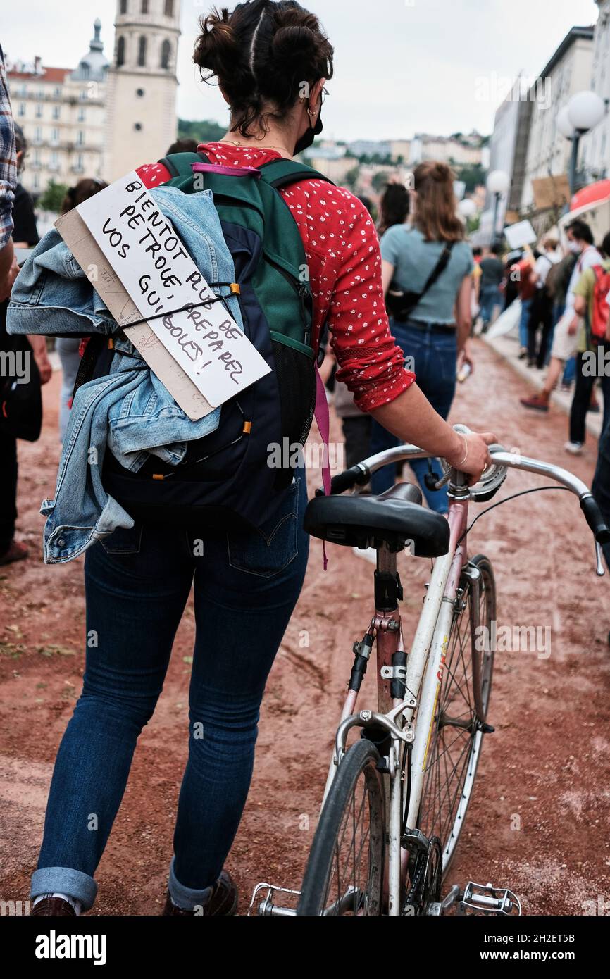 climate protester with its bike  at the Climate Change Protest in Lyon France Stock Photo