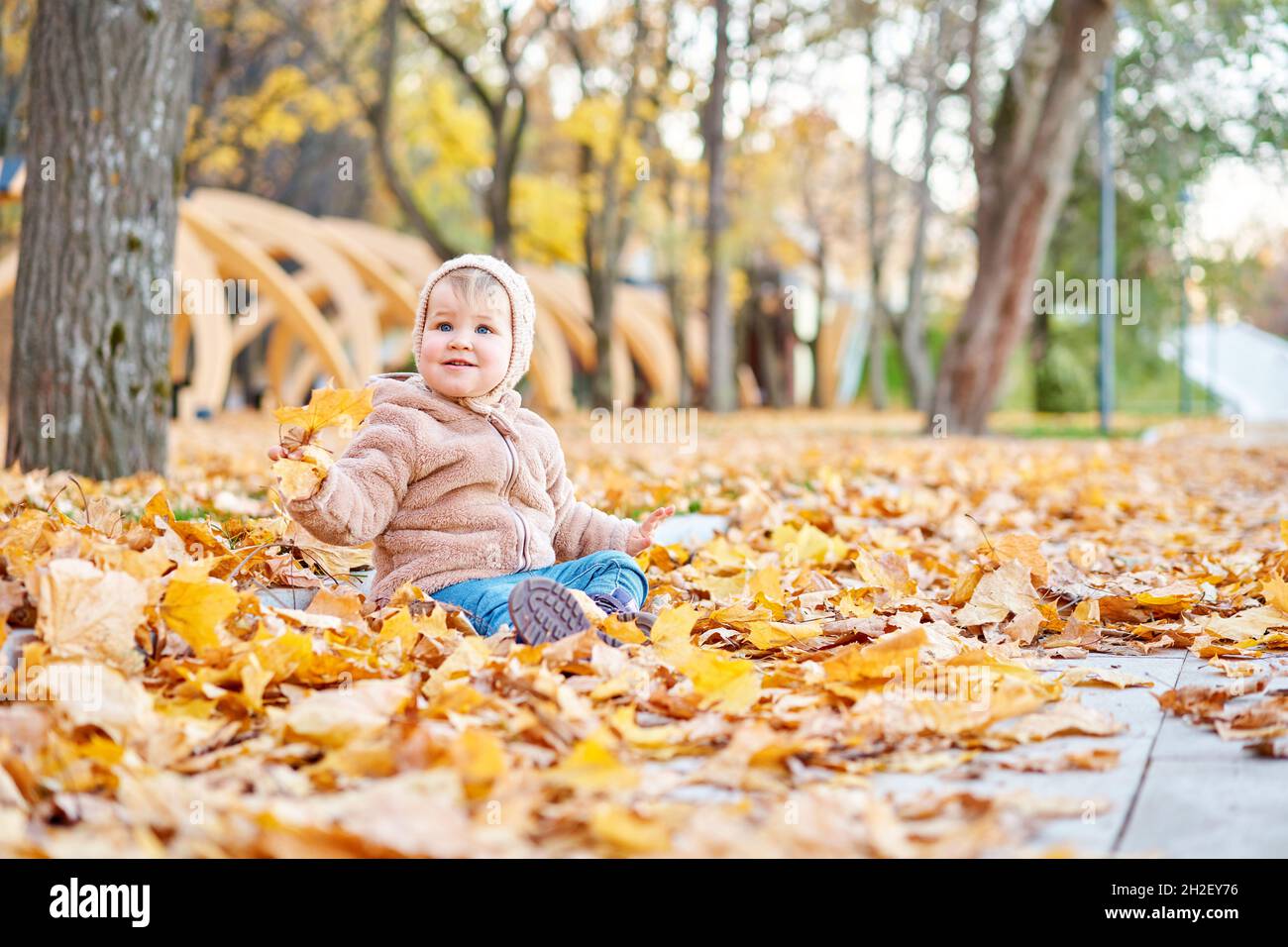 Yellow Autumn Park. Leaf fall and yellow leaves. Portraits of a cute 1 year old baby girl. sunny day Stock Photo