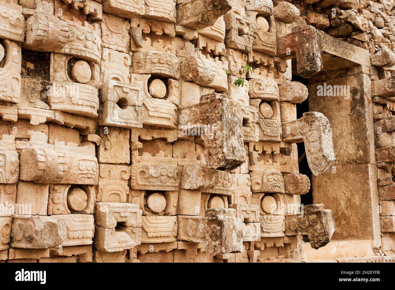 The Codz Poop or Palace of the Masks at the Mayan ruins of Kabah,  Puuc Route, Yucatan, Mexico Stock Photo