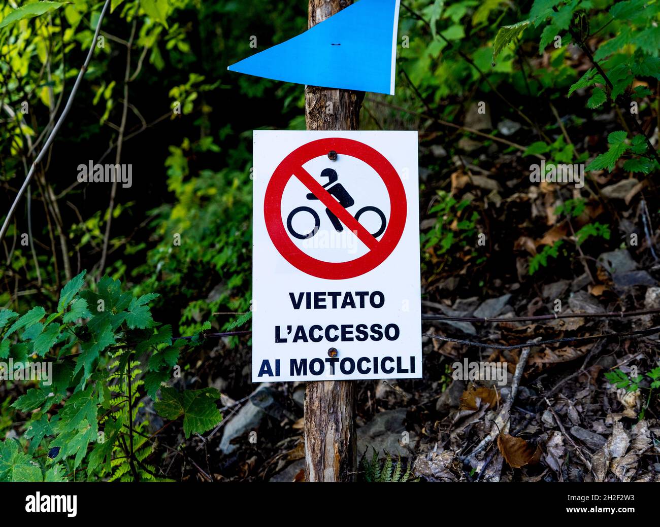 Sign meaning 'No access to motocycle' in the wood of Montieri, province of Grosseto, Tuscany region, Italy. Stock Photo
