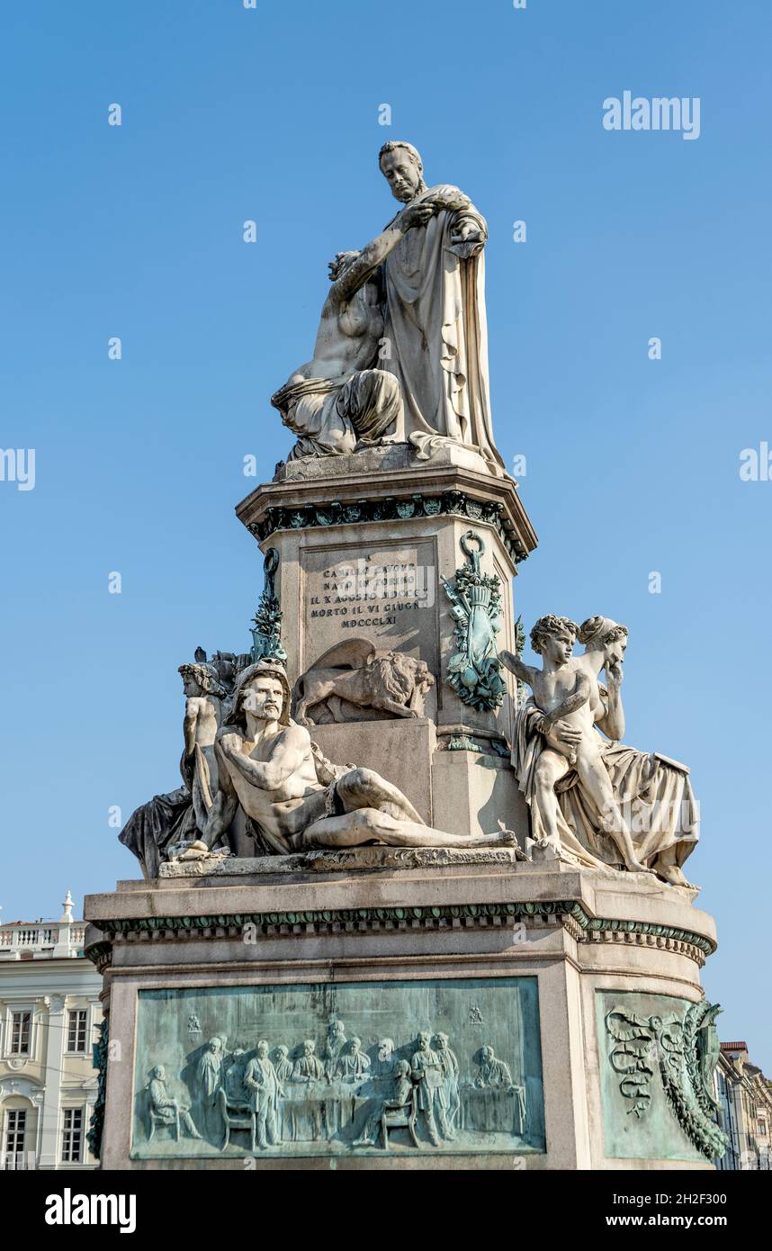 Statue of Camillo Benso, Count of Cavour, built in 1873 by Giovanni Duprè in Carlo Emanuele II square, Turin city center, Piedmont region, Italy Stock Photo