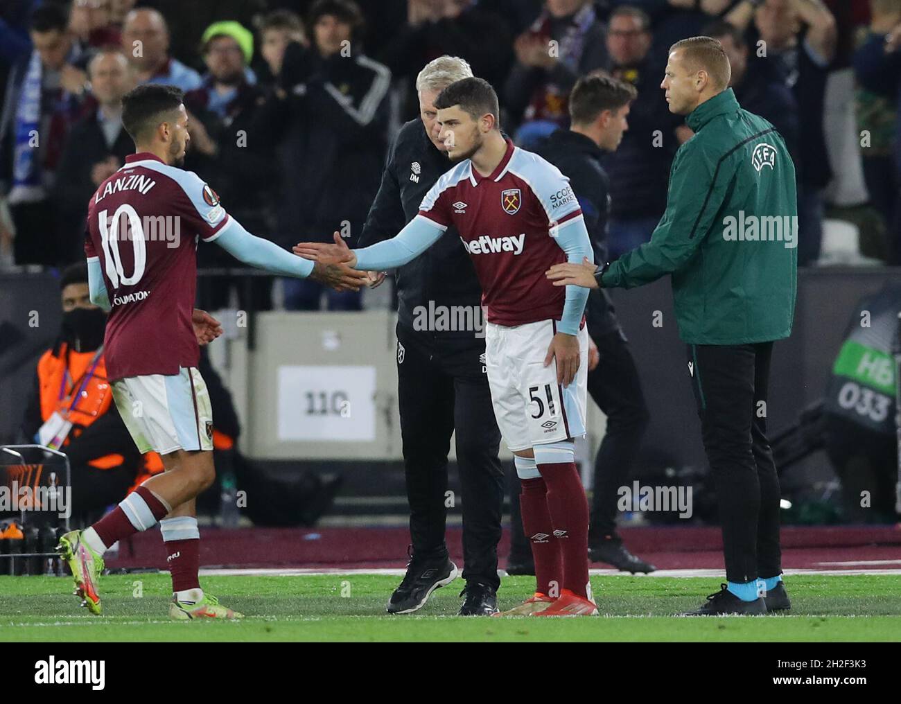London, England, 21st October 2021. Daniel Chesters of West Ham Utd makes his debut replacing Manuel Lanzini of West Ham Unitedduring the UEFA Europa League match at the London Stadium, London. Picture credit should read: David Klein / Sportimage Stock Photo