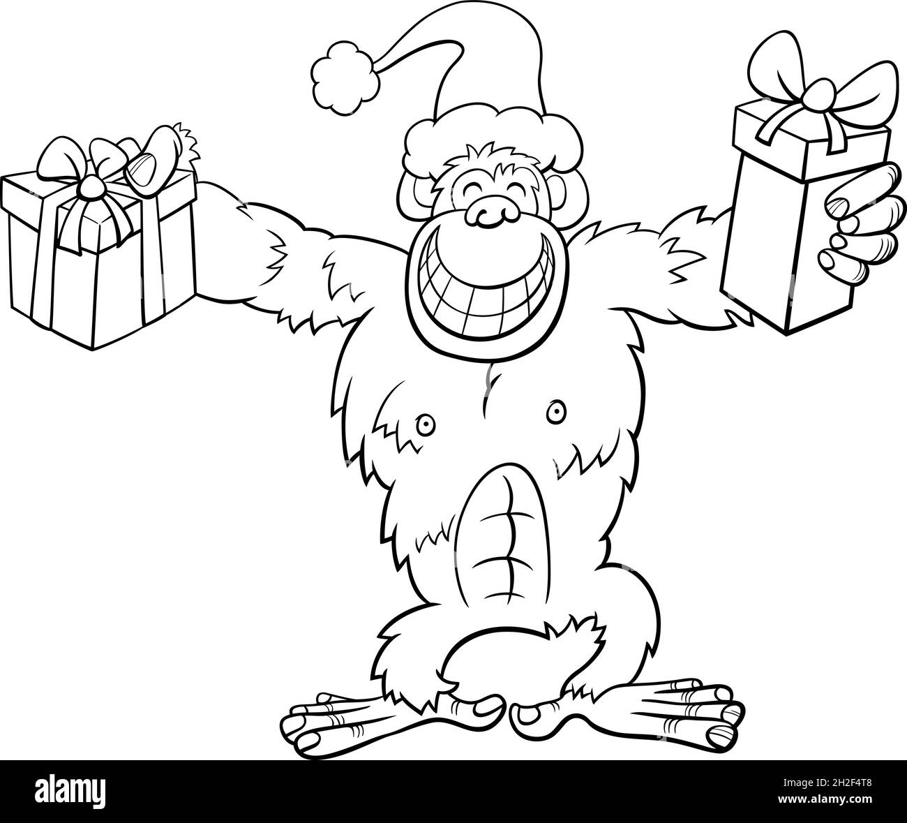 Black and white cartoon illustration of chimpanzee animal character with present on Christmas time coloring book page Stock Vector