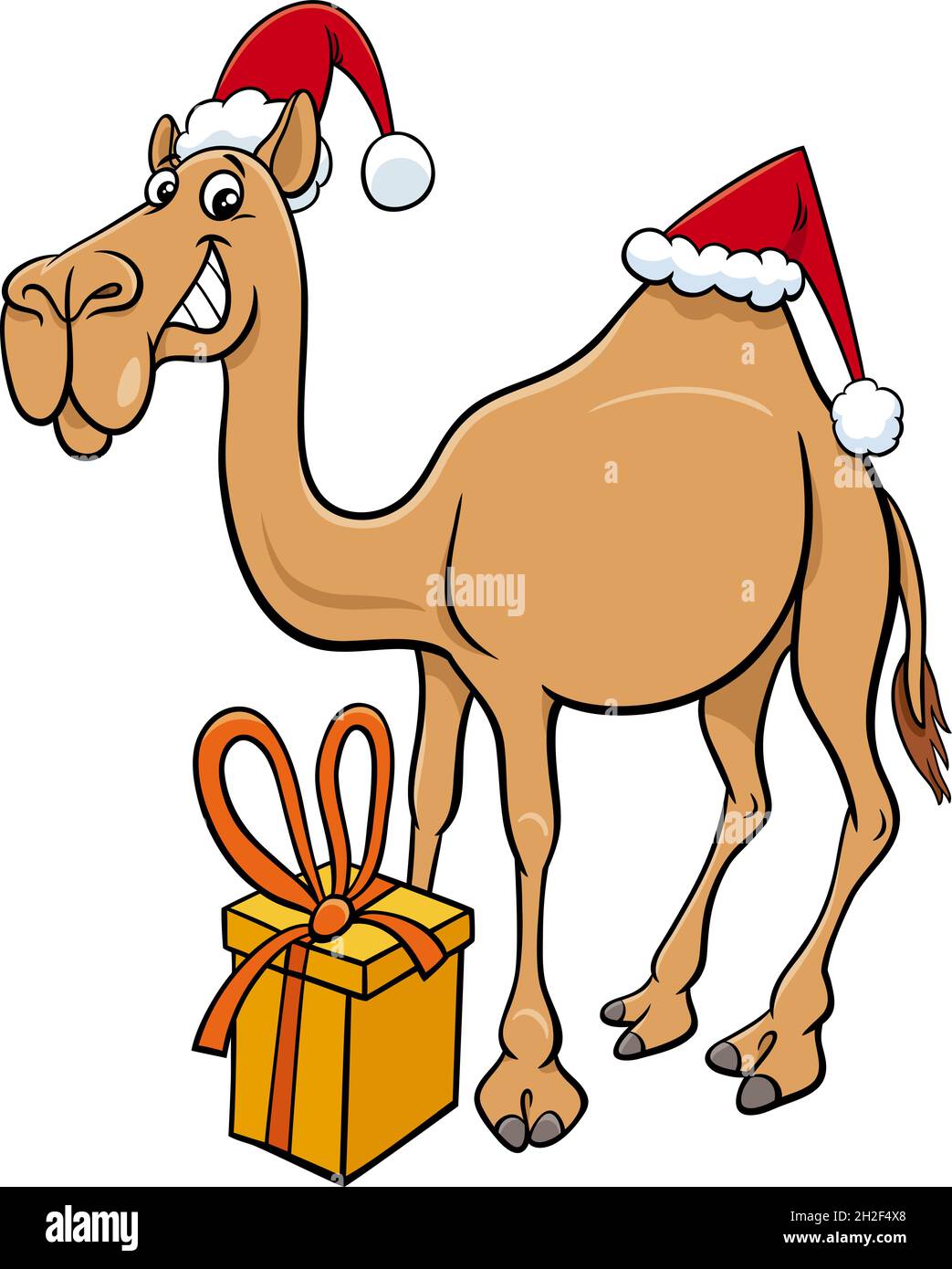 Cartoon illustration of dromedary camel animal character with present on Christmas time Stock Vector