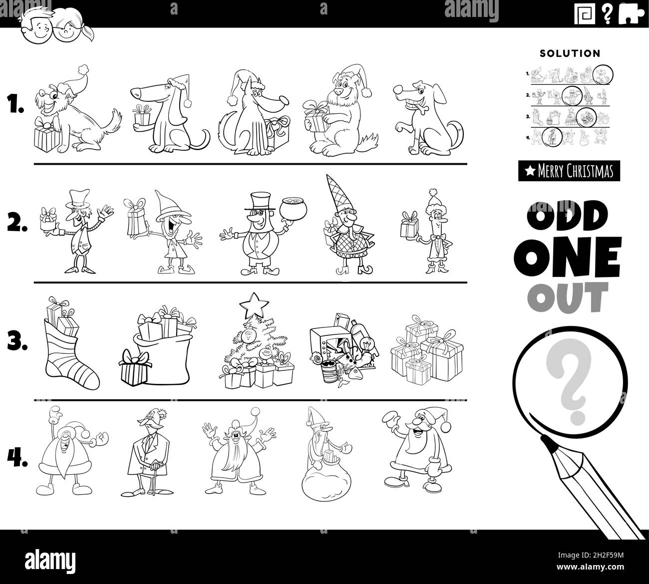 Black and white cartoon illustration of odd one out picture in a row educational game for children with Christmas holiday characters and objects color Stock Vector