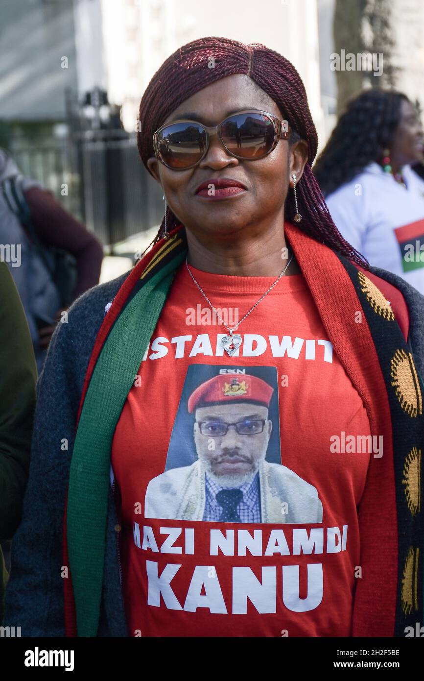 London, 21 October, UK, Indigenous People of Biafra (IPOB) protest to Stop the genocide in Biafarland. Enough is enough, of the troublemaker British coloniser free Mazi Nnamdi Kanu. We want our freedom of Biafra restoration outside Downing Street and march around centre London, 21 October, UK. Stock Photo