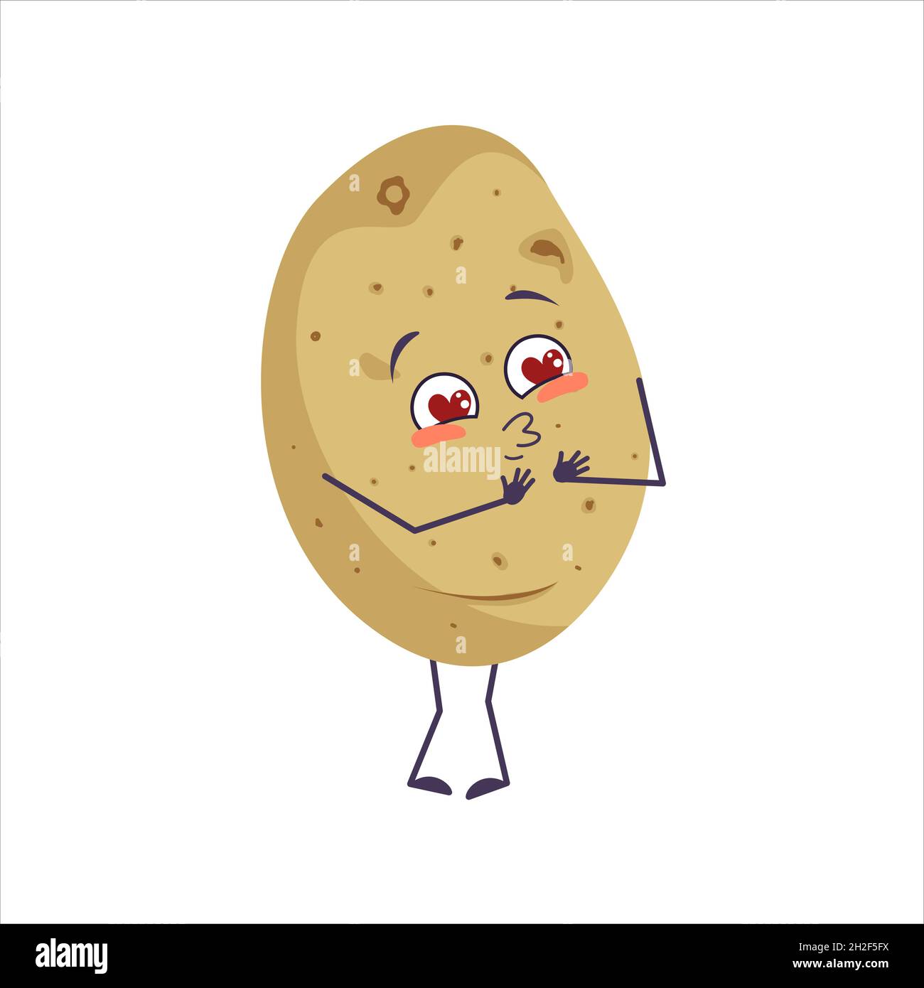 Cute potato character falls in love with eyes hearts, kiss face, arms