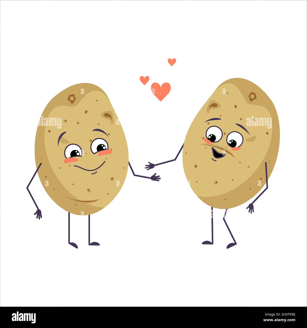 Cute potato characters with love emotions, smiling face, arms and legs. The  funny or happy food heroes with hearts, vegetable fall in love. Vector flat  illustration Stock Vector Image & Art -
