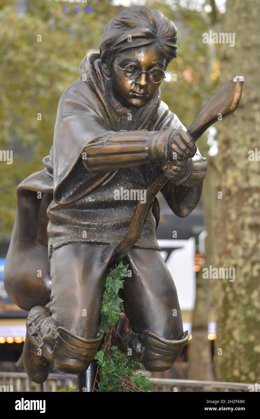 London, UK. October 14, 2021. Harry Potter statue depicts Daniel Radcliffe role as a famous wizard in a scene from Harry Potter Philosopher Stone Stock Photo