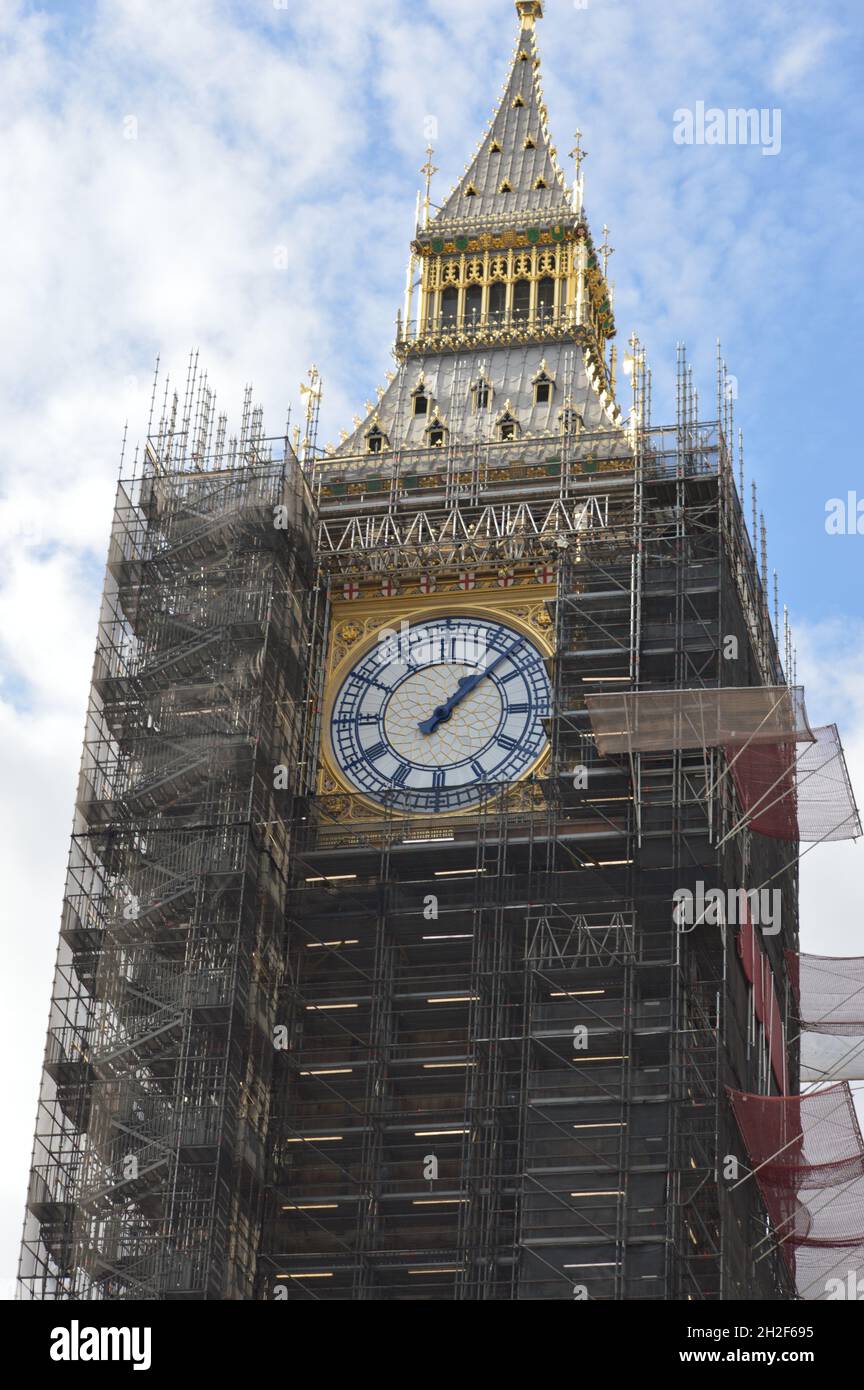 London, UK. October 14, 2021. Big Ben - Elizabeth Tower is undergoing restoration and is covered in scaffolding, due to be completed in 2022. Stock Photo