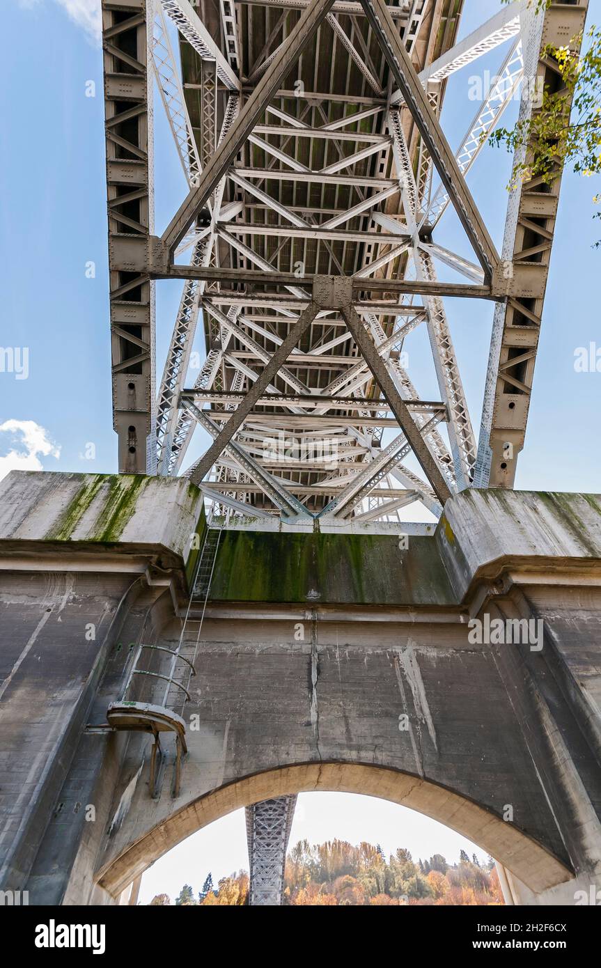 The underside of the Aurora Bridge as seen from the Burke Gilman Trail