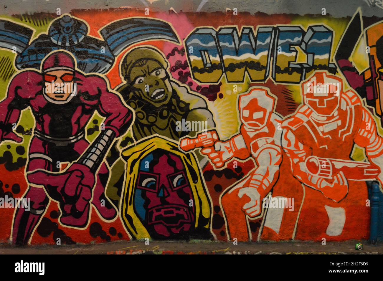 London, UK. October 14, 2021. Colourful artwork and murals inside the Leake Street Graffiti Tunnel in London. Stock Photo