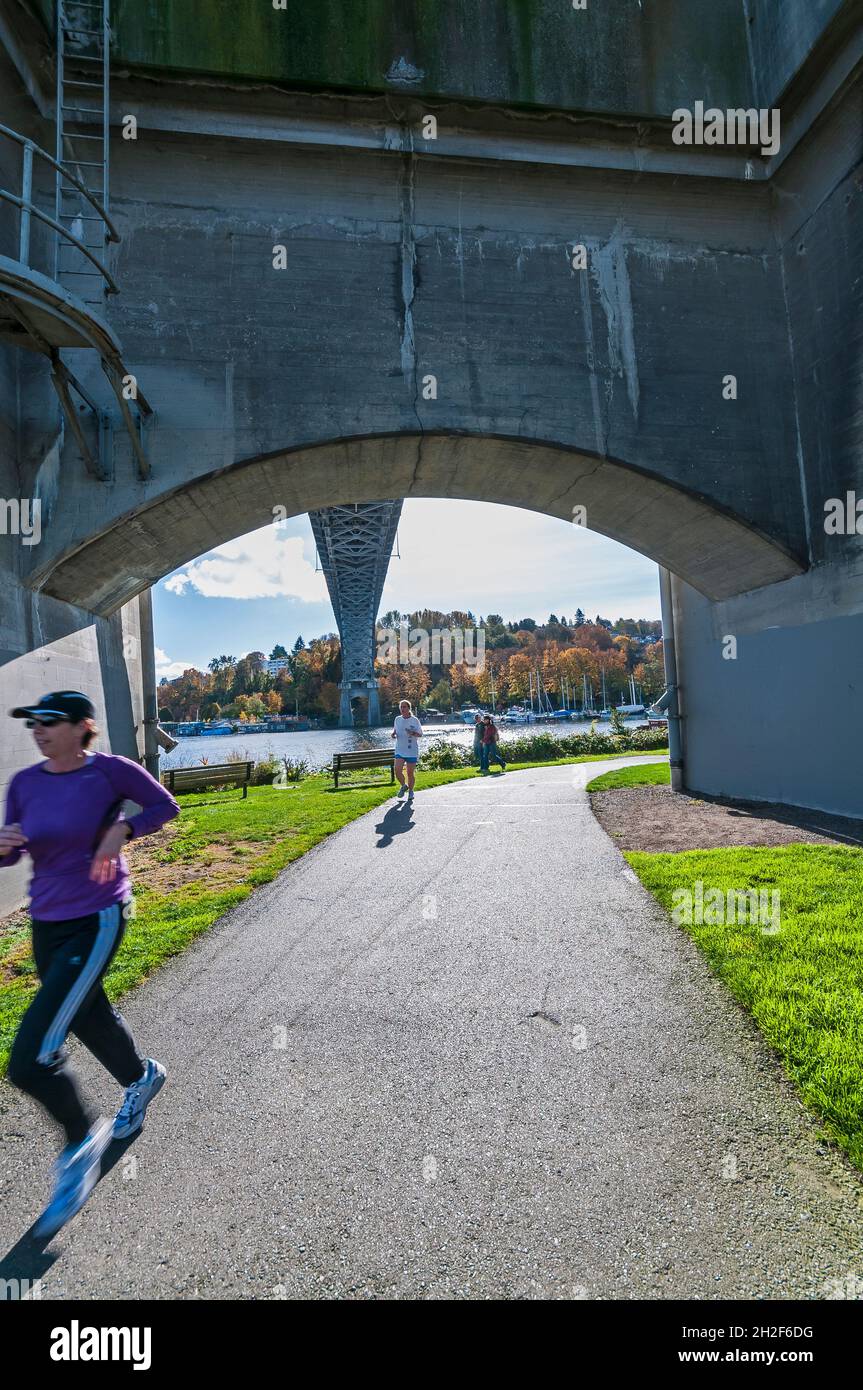 The Burke Gilman Trail on the underside of the Aurora Bridge near
