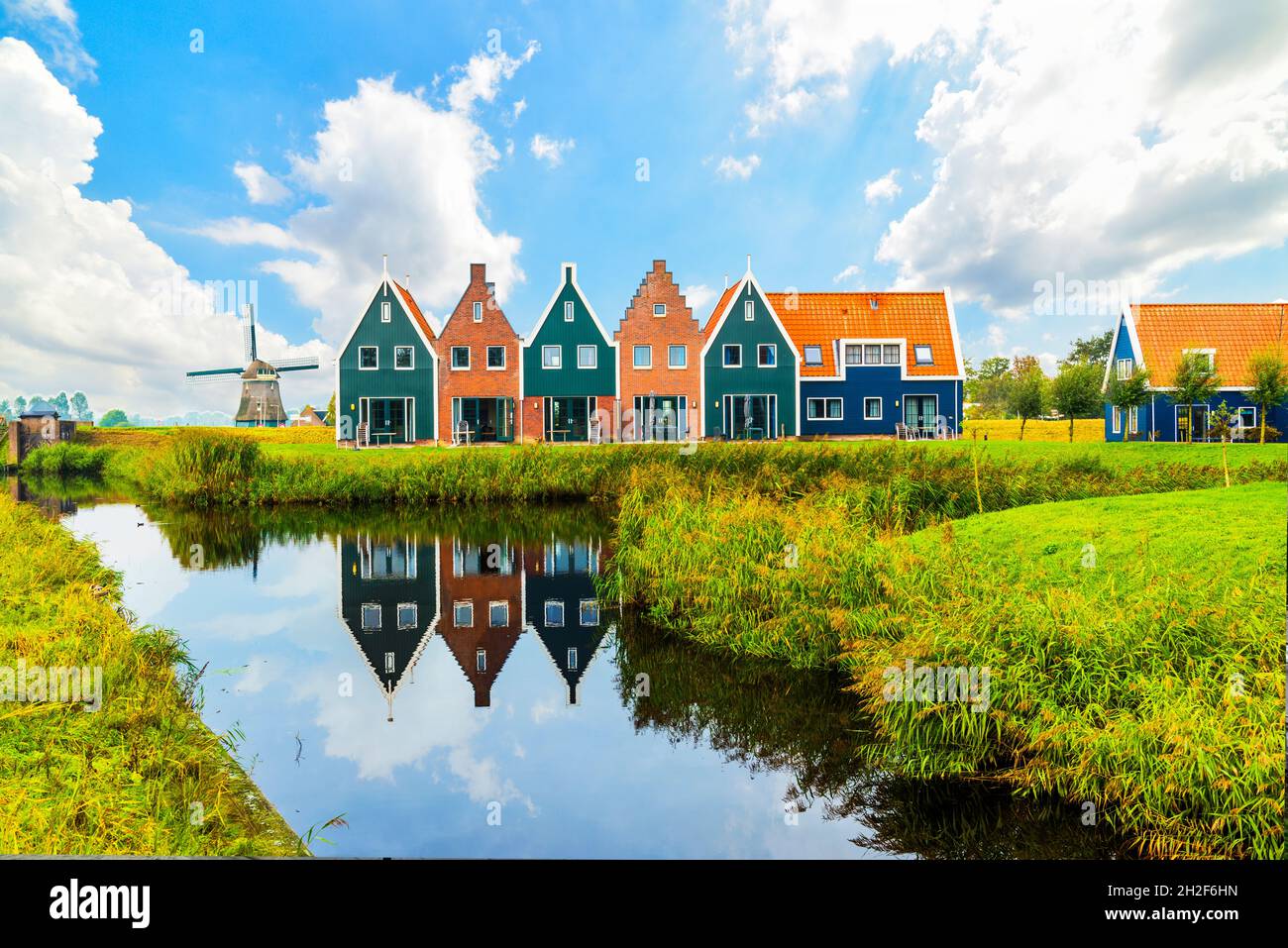 Volendam is a town in North Holland in the Netherlands. Colored houses of marine park in Volendam. North Holland, Netherlands. Stock Photo