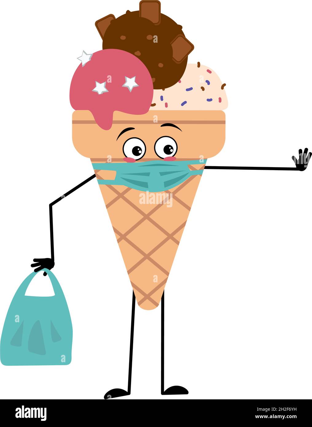 Cute ice cream character with emotions, face in a mask keep at a distance, hands with a shopping bag and a stop gesture. Sad sweet cold hero food. Summer dessert with eyes Stock Vector