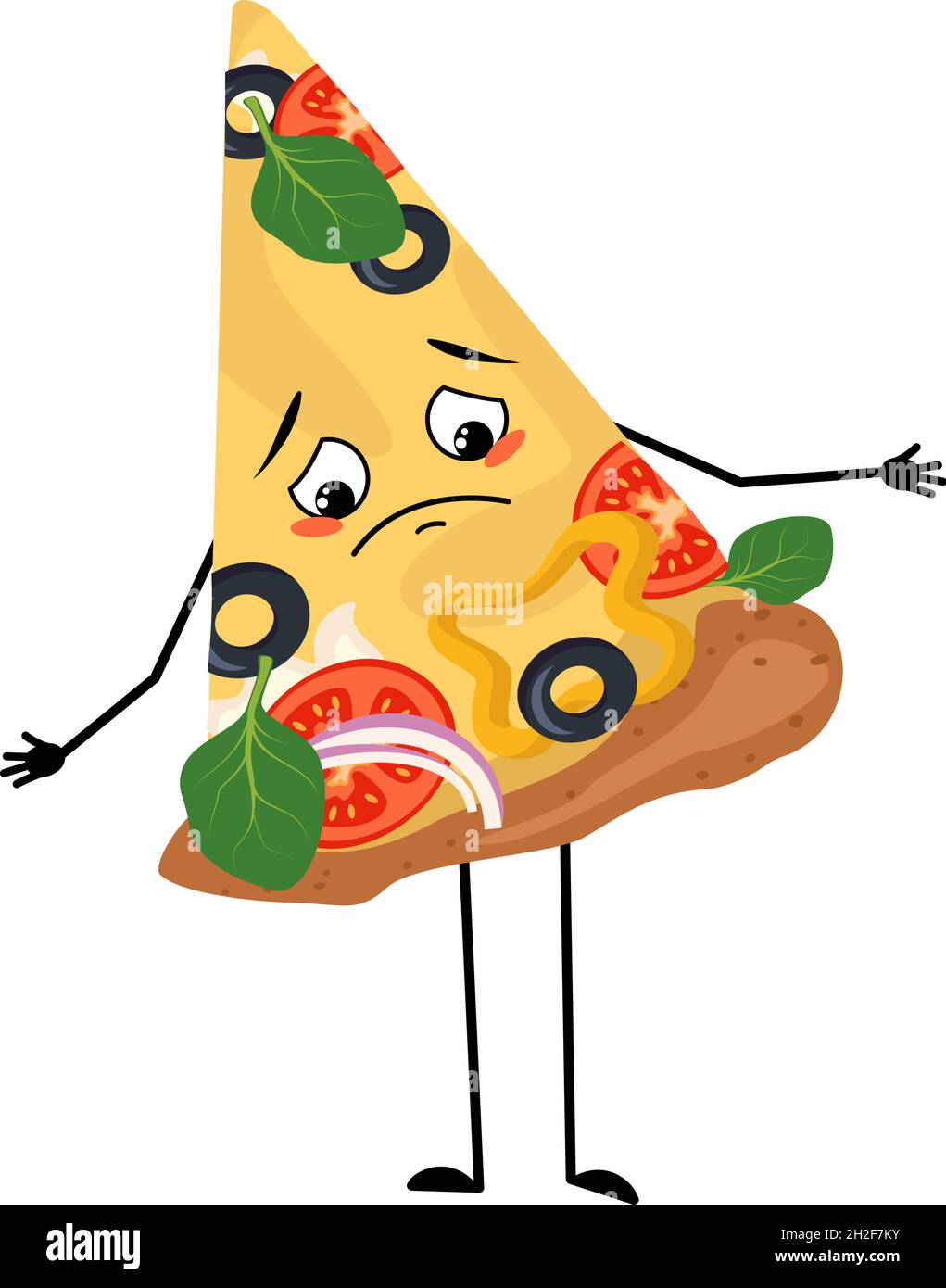 Cute pizza character with sad emotions, downcast eyes, depressing face