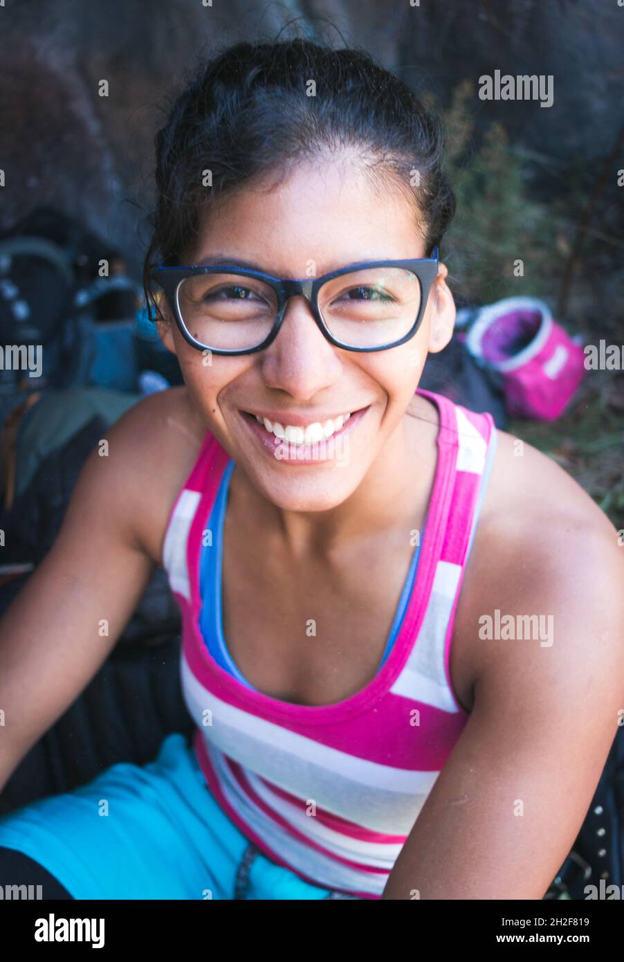 Portrait of beautiful female rock climber outdoors Stock Photo