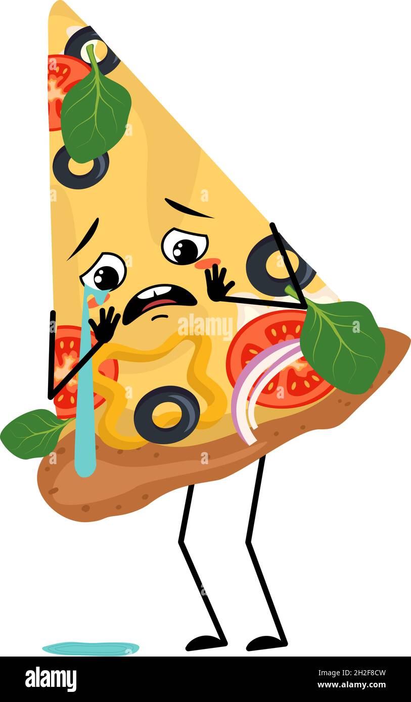 Cute pizza character with crying and tears emotions, face, arms and legs. The funny or sad food. Vector flat illustration Stock Vector