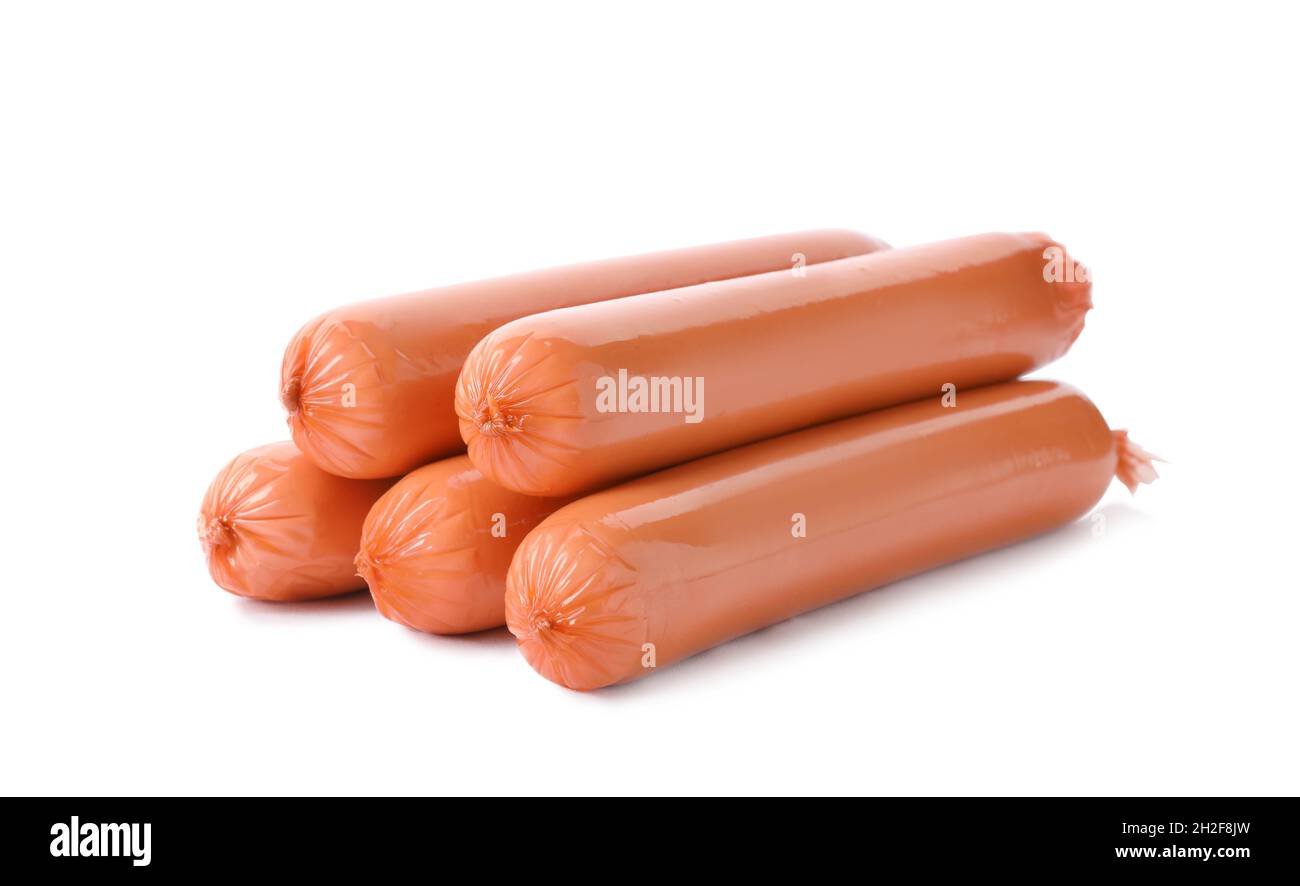 Encased sausages on white background. Meat product Stock Photo Alamy