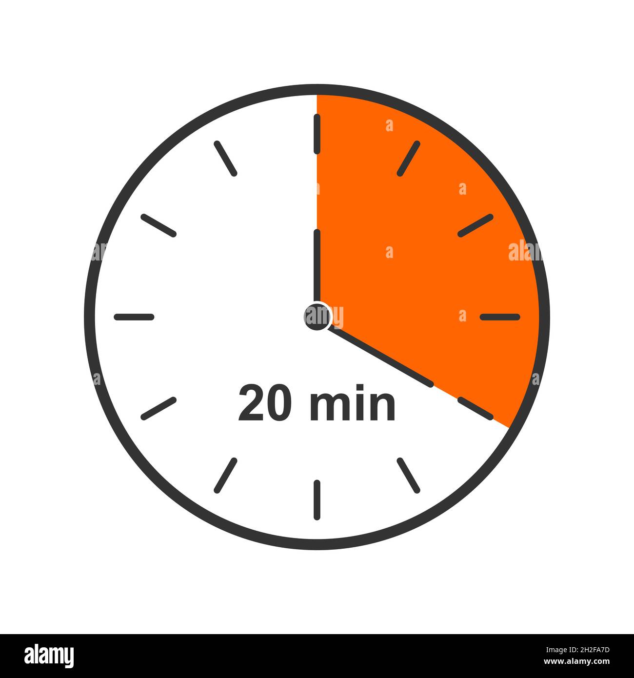 Clock icon with 20 minute time interval. Countdown timer or stopwatch symbol. Infographic element for cooking or sport game isolated on white background. Vector flat illustration. Stock Vector