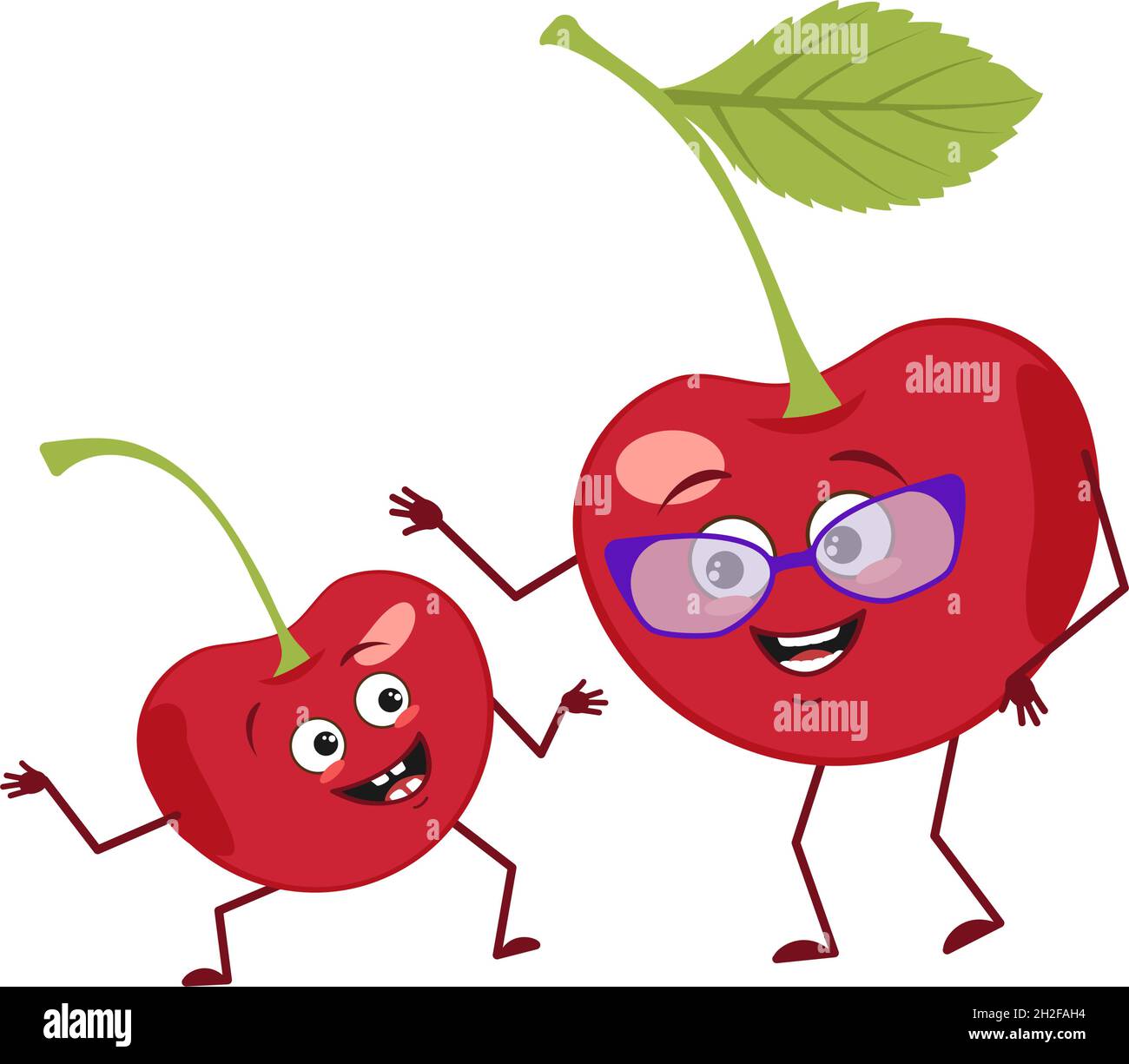 Cute cherry characters with emotions, face. Funny grandmother with glasses and dancing grandson with arms and legs. The happy hero, berry with eyes. Vector flat illustration Stock Vector