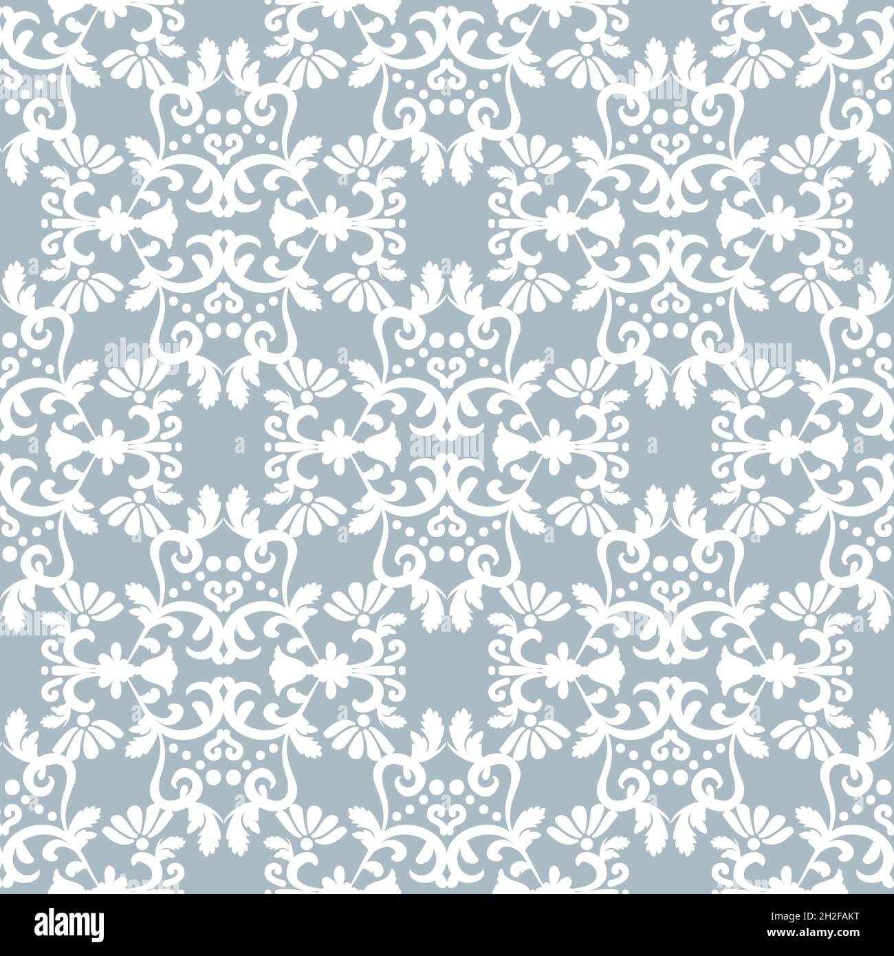 White ornament on light blue background. Floral damask seamless pattern ...