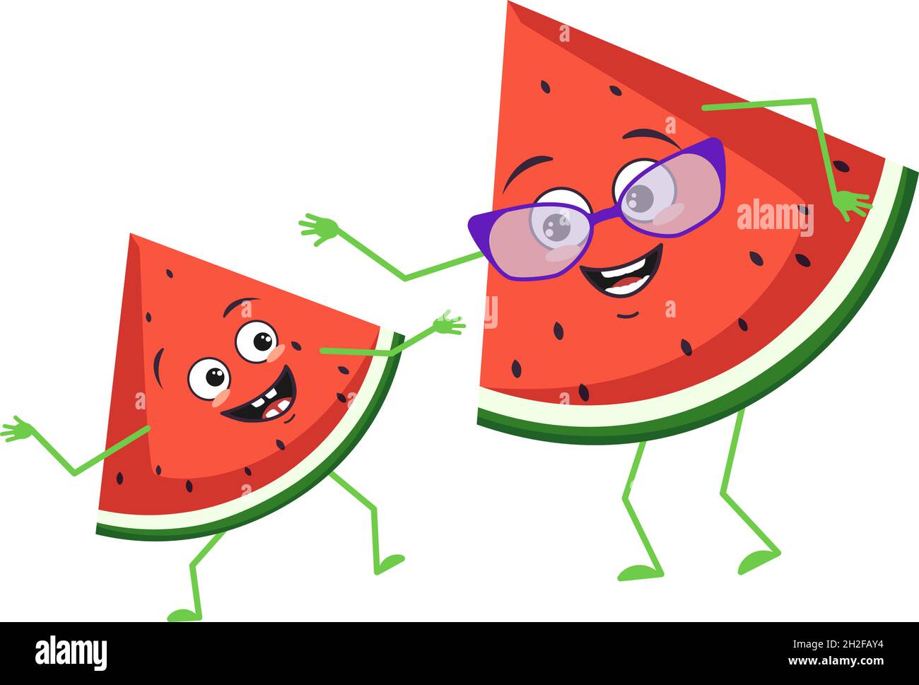 Cute watermelon characters with emotions, face. Funny grandmother with glasses and dancing grandson with arms and legs. The happy hero, berry or fruit. Vector flat illustration Stock Vector