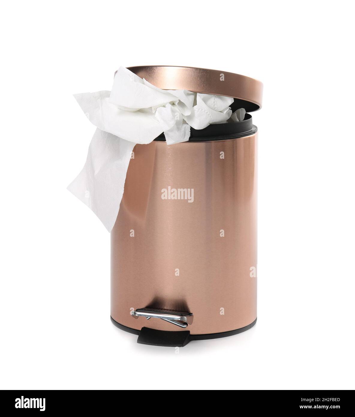 Trash bin with used toilet paper on white background Stock Photo - Alamy