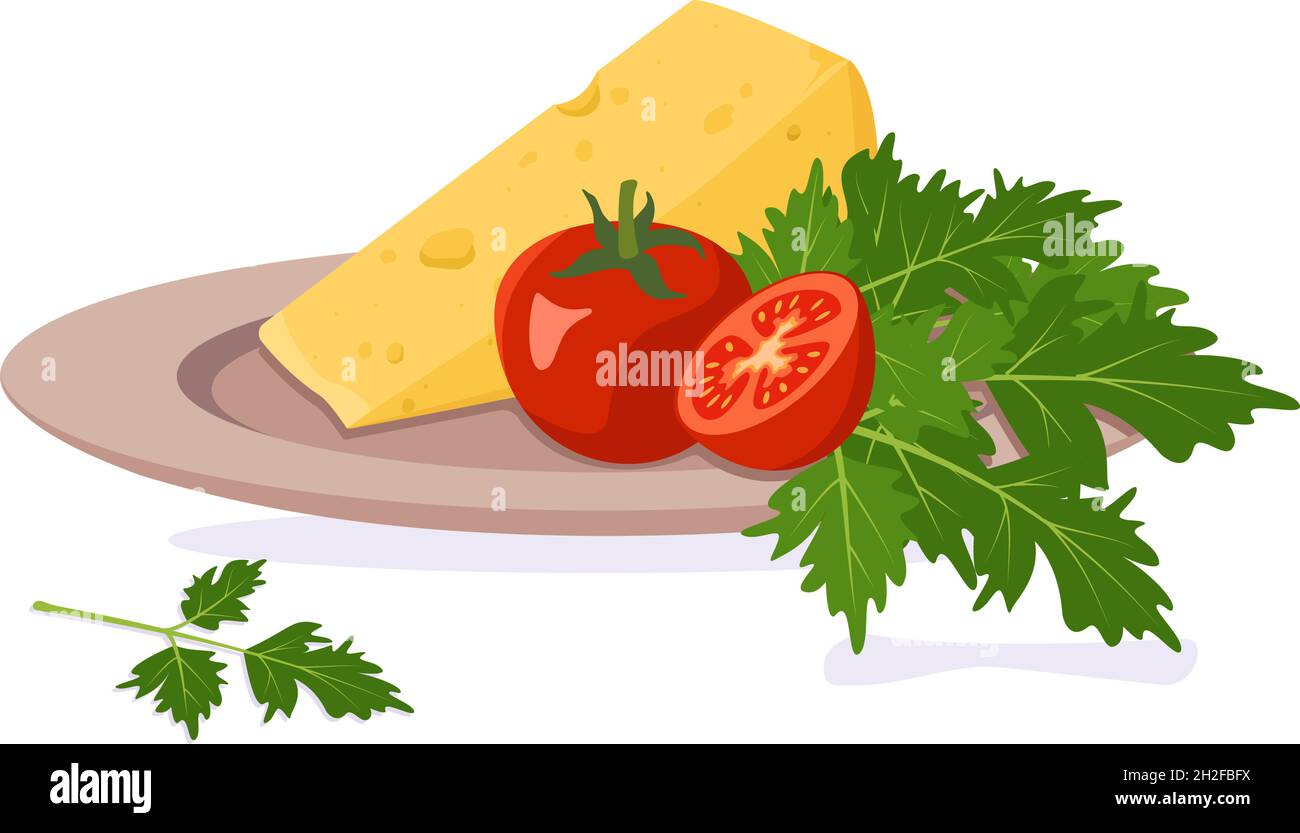 A plate with cheese, tomatoes and herbs. Healthy organic food. A source of vitamins and minerals. Vector flat illustration Stock Vector