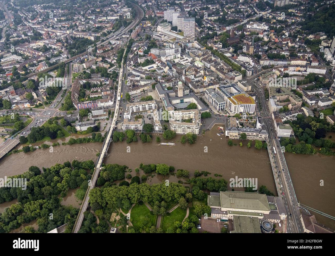 Aerial view, Ruhr flood, flooding,Ruhrbania with flooding in the old town I, Mülheim an der Ruhr, Ruhrgebiet, North Rhine-Westphalia, Germany, Luftbil Stock Photo