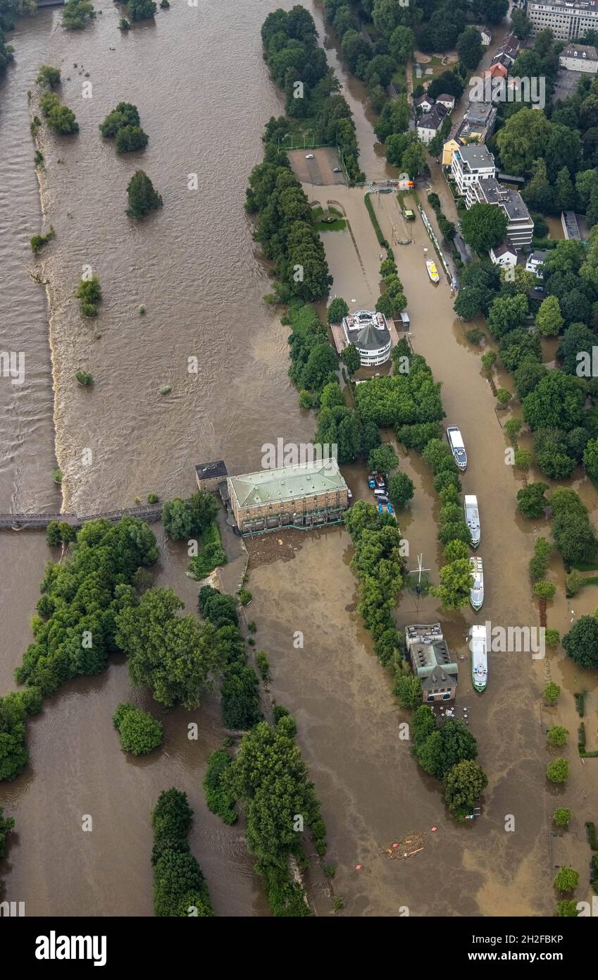 Aerial photograph, Ruhr flood, flooding, Haus Ruhrnatur, Weiße Flotte Mülheim an der Ruhr (Ruhrschifffahrt), Altstadt I - Südwest, Mülheim an der Ruhr Stock Photo