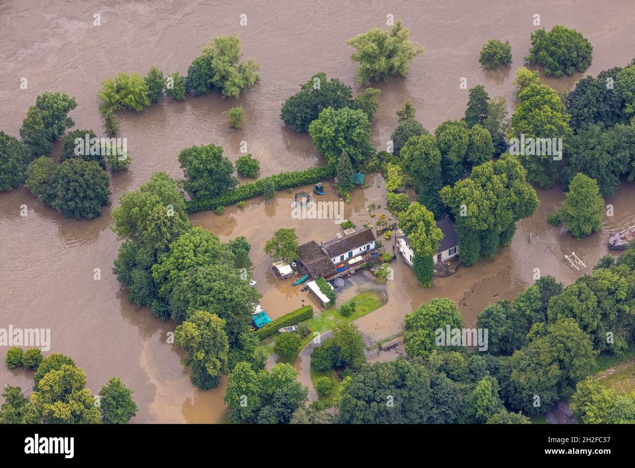 Aerial photograph, Ruhr flood, flooding, Werden, Essen, Ruhr area, North Rhine-Westphalia, Germany, Luftbild, Ruhrhochwasser, Überschwemmung,  Werden, Stock Photo