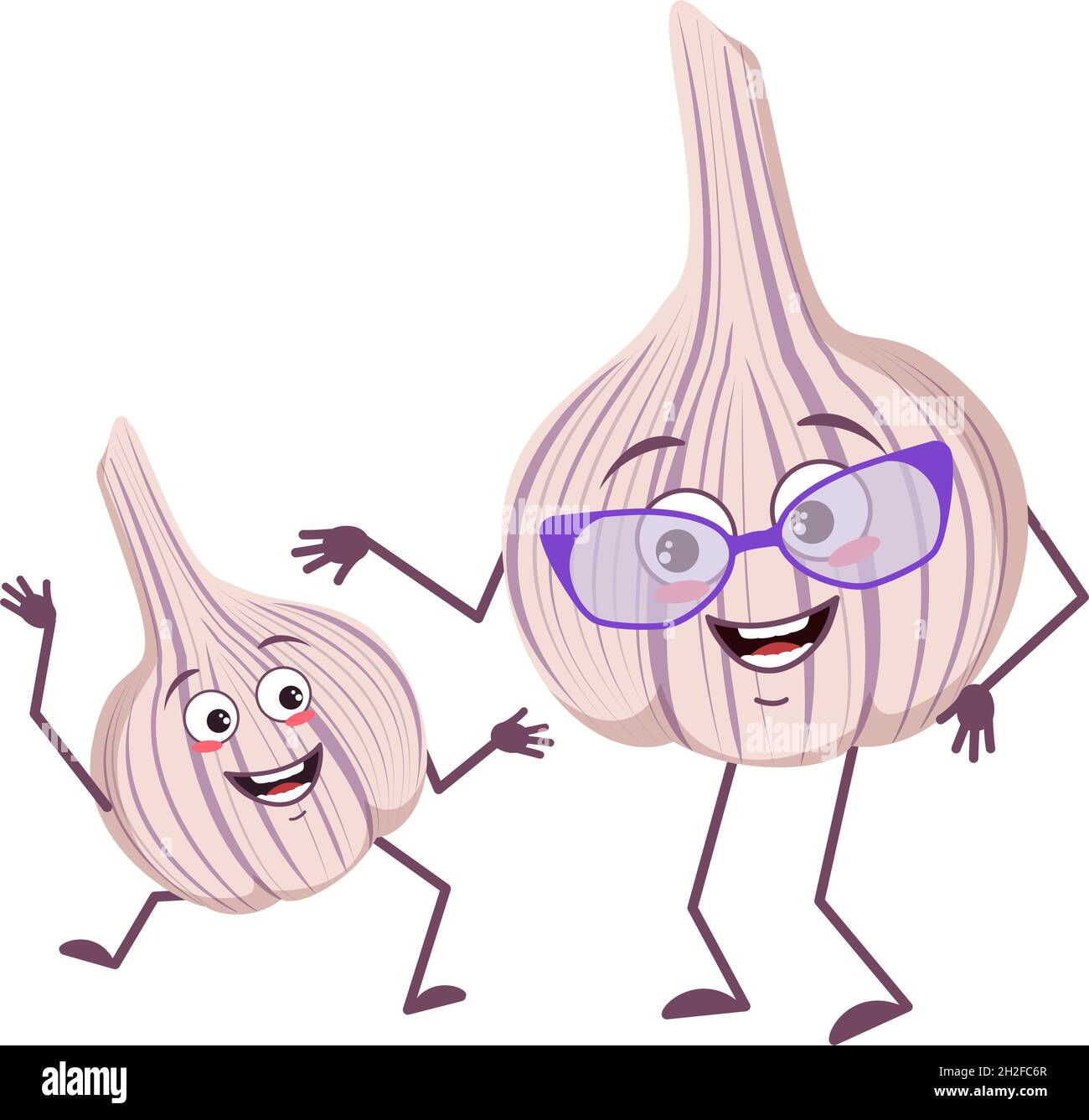 Cute garlic characters with emotions, face. Funny grandmother with glasses and dancing grandson with arms and legs. The happy hero, vegetable. Vector flat illustration Stock Vector