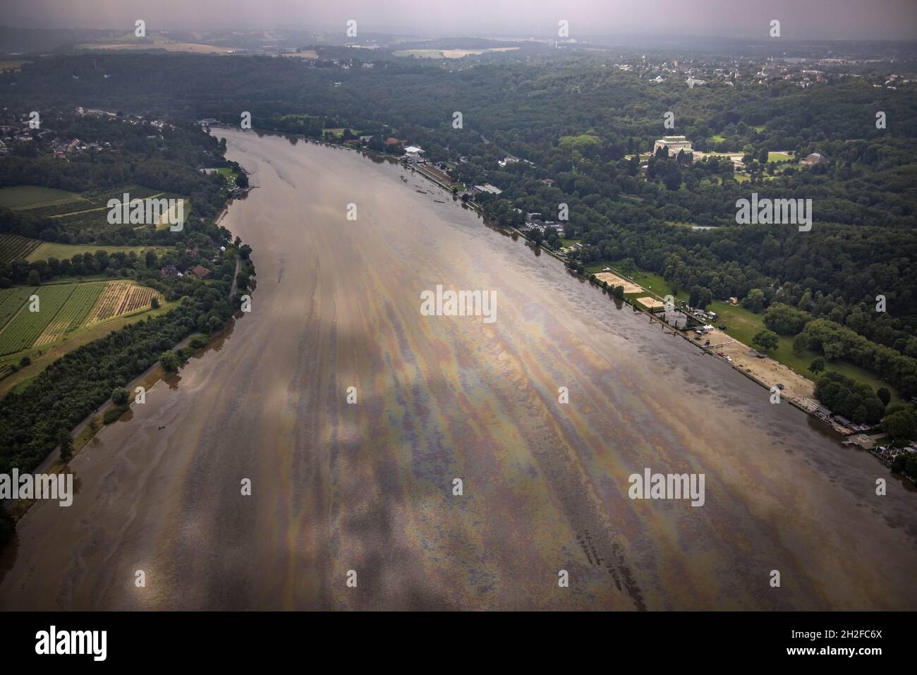 Aerial photograph, Ruhr flood, flooding, Baldeneysee with oil discolouration on the water surface, Fischlaken, Essen, Ruhr area, North Rhine-Westphali Stock Photo
