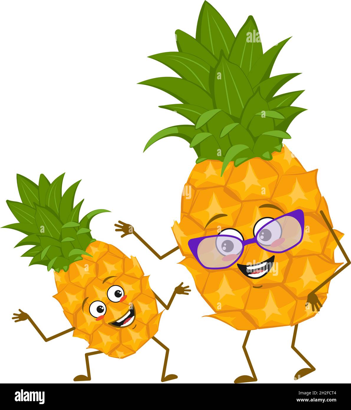 Cute pineapple characters with emotions, face. Funny grandmother with glasses and dancing grandson with arms and legs. The happy hero, fruit with eyes. Vector flat illustration Stock Vector