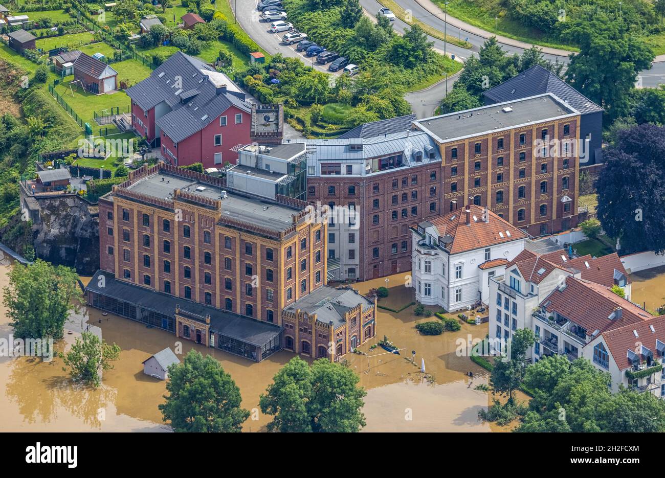 Luftbild, Ruhrhochwasser, Überschwemmung,  , Hattingen, Ruhrgebiet, Nordrhein-Westfalen, Deutschland Stock Photo