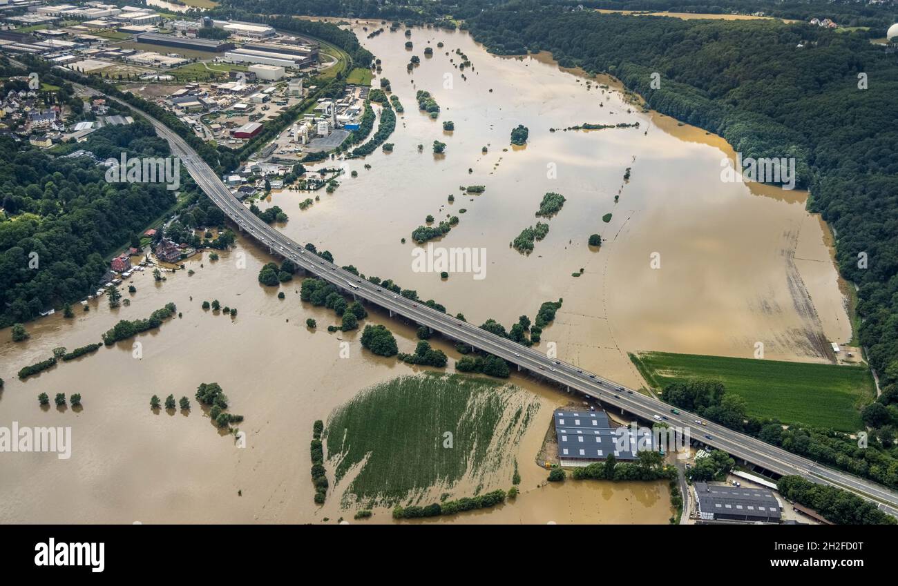 Luftbild, Ruhrhochwasser, Überschwemmung,  Stiepel, Bochum, Ruhrgebiet, Nordrhein-Westfalen, Deutschland Stock Photo