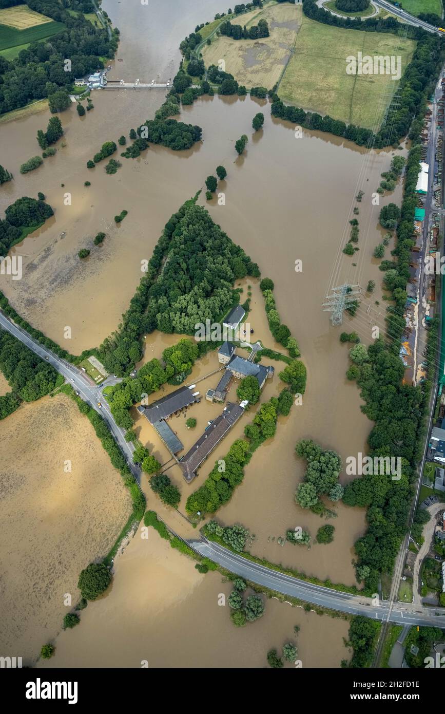 Aerial photograph, Ruhr floodwater, flooded Kemnade House, flooding, Blankenstein, Hattingen, Ruhr area, North Rhine-Westphalia, Germany, Luftbild, Ru Stock Photo