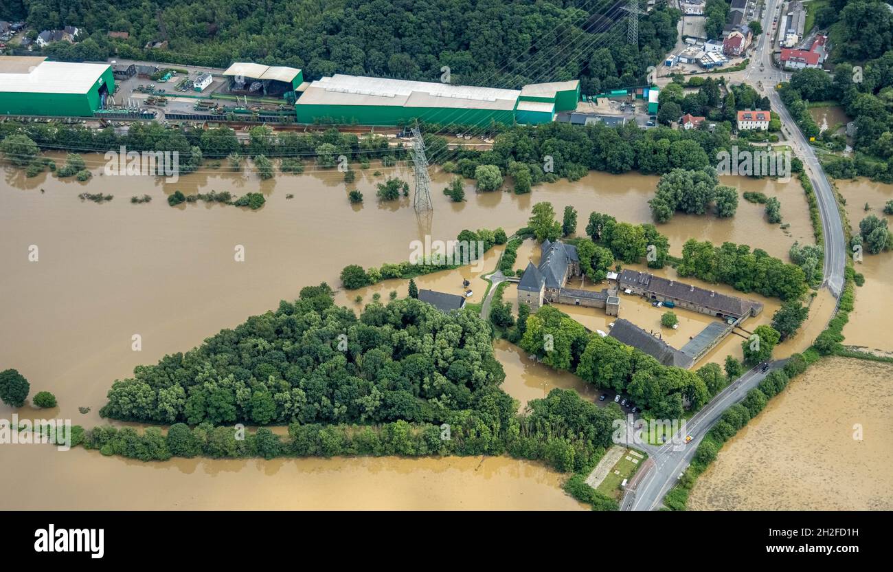 Aerial photograph, Ruhr floodwater, flooded Kemnade House, flooding, Blankenstein, Hattingen, Ruhr area, North Rhine-Westphalia, Germany, Luftbild, Ru Stock Photo