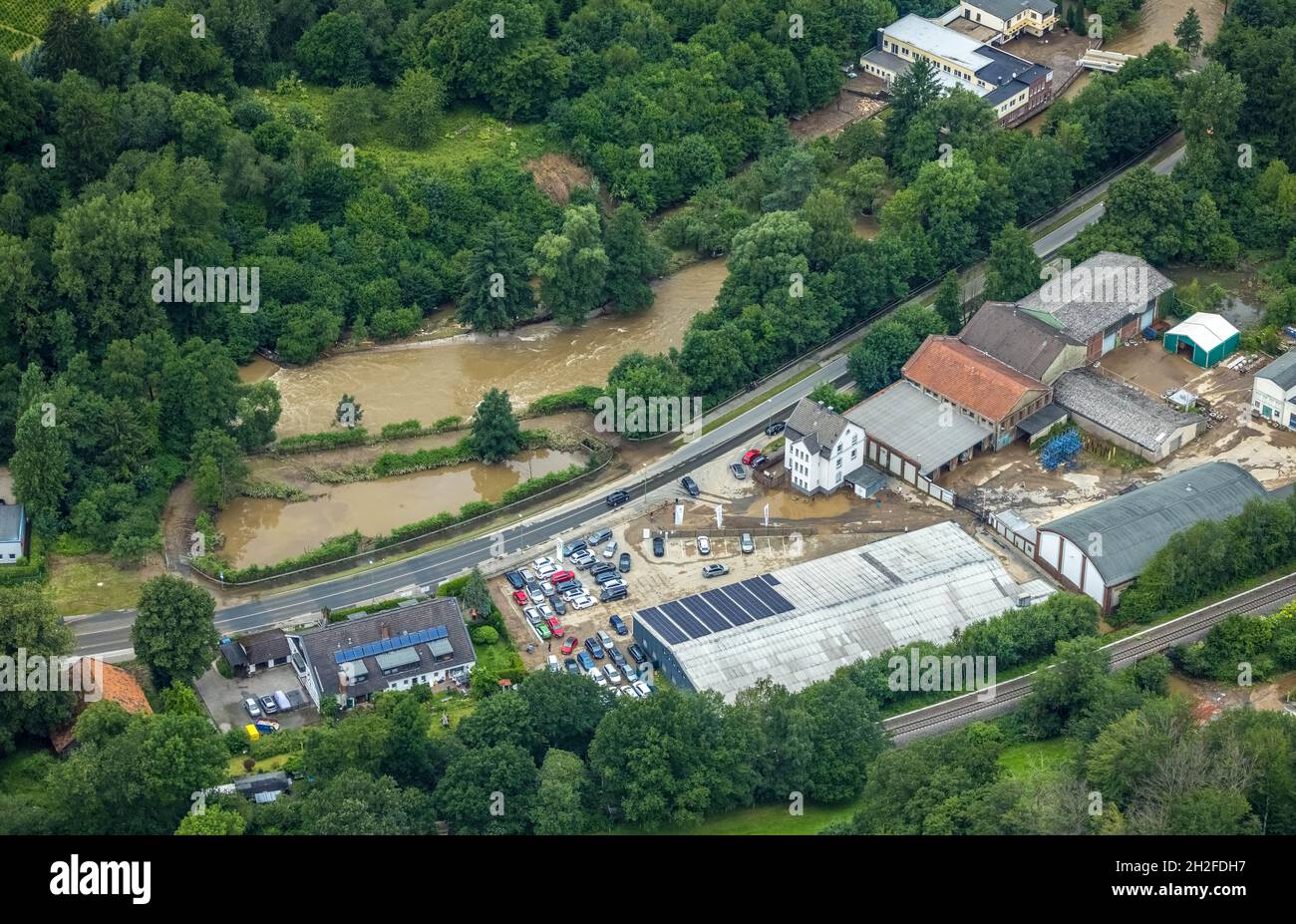 Aerial photo, Volme flood, flooding, Eilpe, Hagen, Ruhr area, North RhineWestphalia, Germany