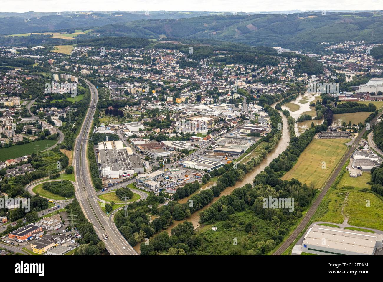 Aerial view, Lenne flood, Lenne valley, Hagen, Ruhr area, North Rhine-Westphalia, Germany, DE, Europe, birds-eyes view, aerial photography, aerial pho Stock Photo
