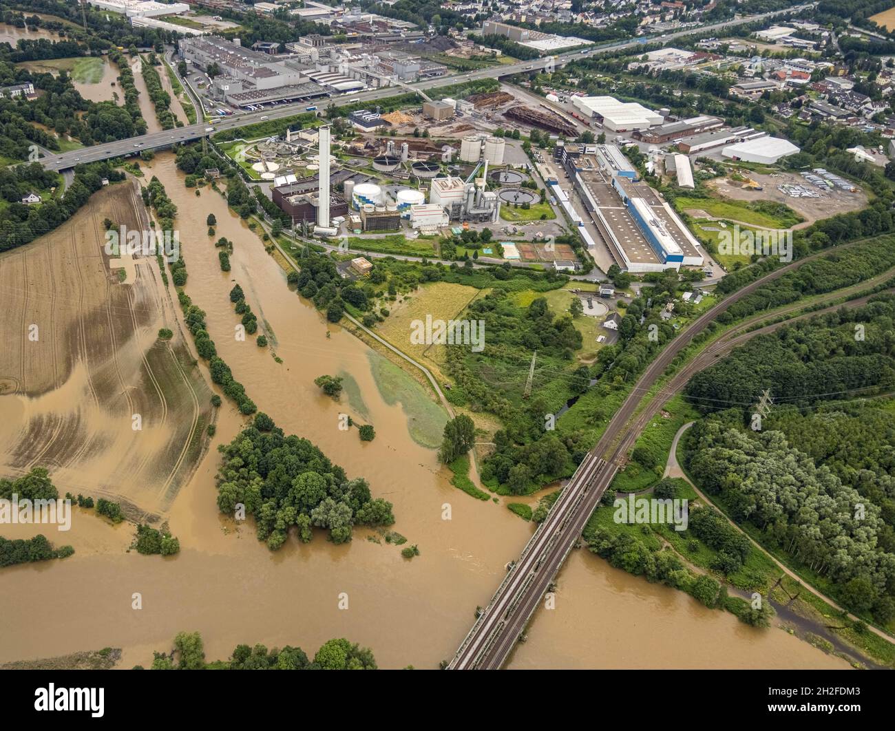 Aerial view, Lenne flood, Lenne estuary, Boele, Hagen, Ruhr area, North Rhine-Westphalia, Germany, DE, Europe, birds-eyes view, aerial photography, ae Stock Photo