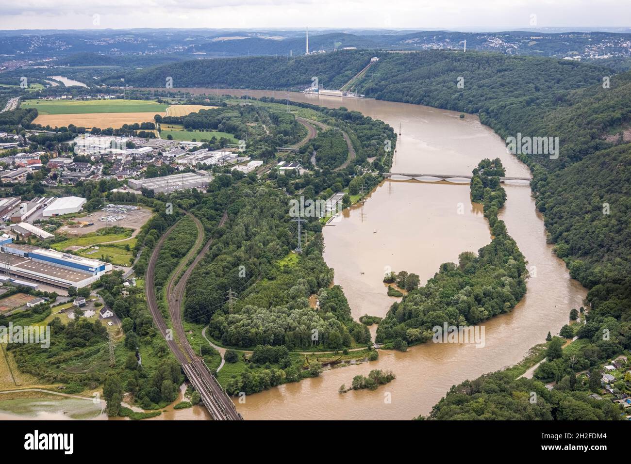 Aerial view, Ruhr flood, Syburg, Dortmund, Ruhr area, North Rhine-Westphalia, Germany, DE, Europe, birds-eyes view, aerial photography, aerial photogr Stock Photo